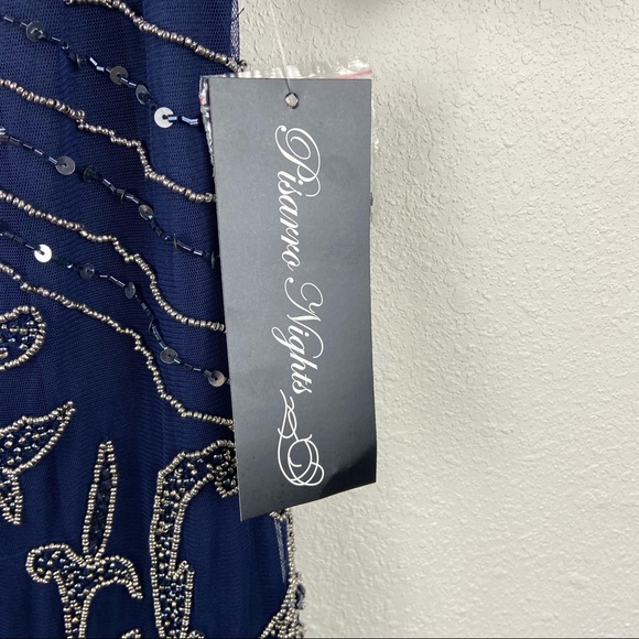 Pisarro Nights Beaded Mesh Column Gown SZ 4 Navy D2451 3/4 sleeve - Picture 4 of 13